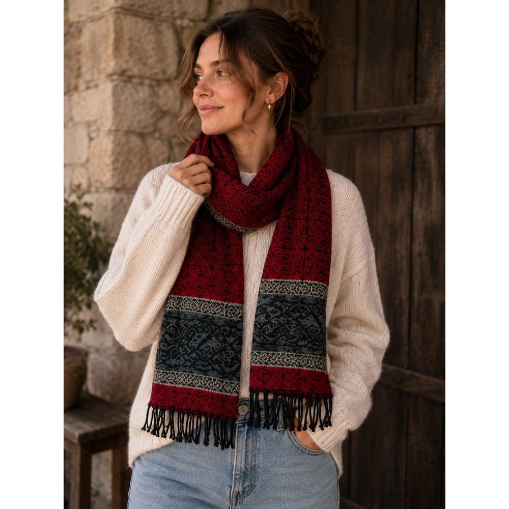 CALZEAT Celtic Collection Scarf Red Black Wool Blend Fringe Scotland‎ Unisex